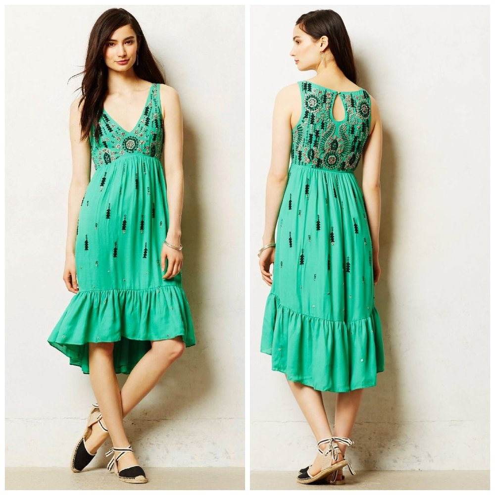 Anthropologie Floreat Ijada Embroidered Ruffle Hem Midi Dress Green